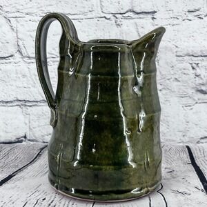 Vintage Handmade Studio Pottery Pitcher Olive Green Glazed Terracotta Ribbed
